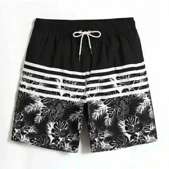 Black Vacation Style Men's Tropical Striped Print Swim Trunks - Picture 1 of 4